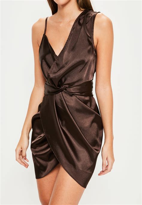 Lyst Missguided Brown Satin Knot Front Asymmetric Dress In Brown