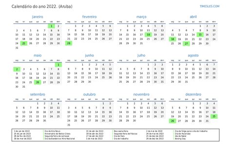 Calendário 2022 Com Feriados Em Aruba Imprimir E Baixar Calendário