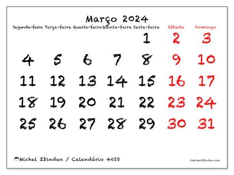 Calendário De Março De 2024 Para Imprimir “46sd” Michel Zbinden Mo