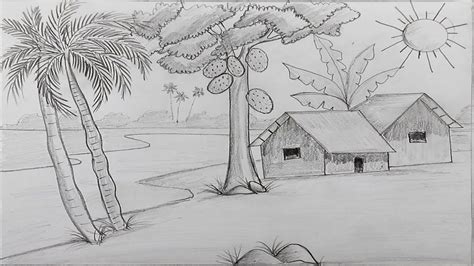 How To Draw A Village Landscape Step By Step With Pencil Art Drawings