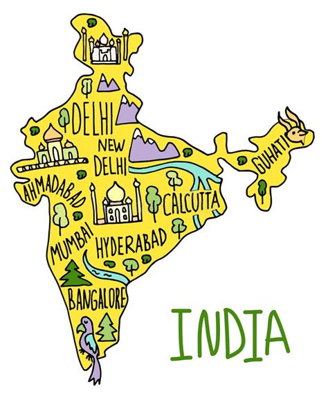 Colored Hand Drawn Doodle India Map India City Names Lettering And