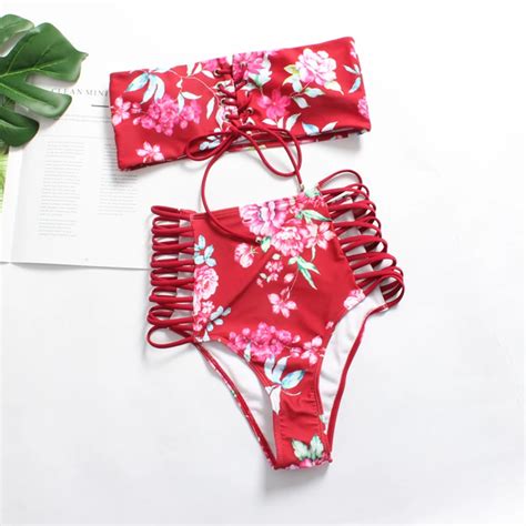Sexy Strapless Lace Up Bikinis Suit Colorful Printing Floral Two Piece Bandage Swimsuit Summer