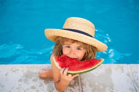 Funny Child Plays In The Pool The Child Eats A Sweet Watermelon Enjoy