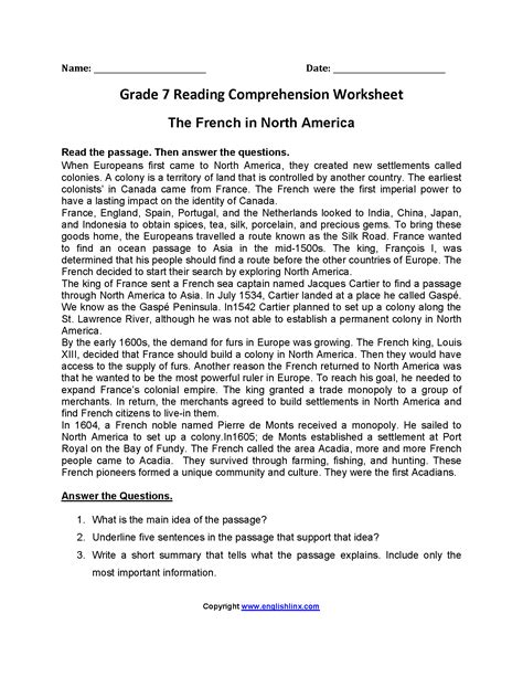 7th Grade Reading Comprehension Passages Amulette Reading