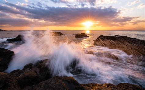 Japan Kanagawa Prefecture Bay Beach Rocks Surf Evening Sunset