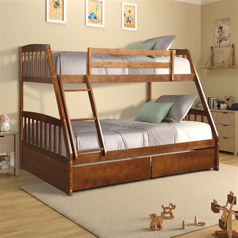 Solid Wood Twin Over Full Bunk Bed With Two Storage Drawers Walnut