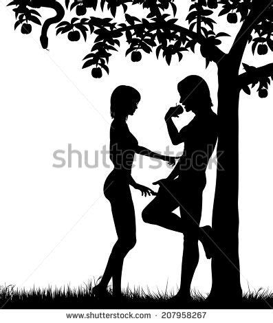 Editable Vector Silhouettes Of Adam And Eve And An Apple Tree With All