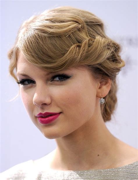 Taylor Swift Updo Hair Styles Curly Side Swept Bangs Popular Haircuts