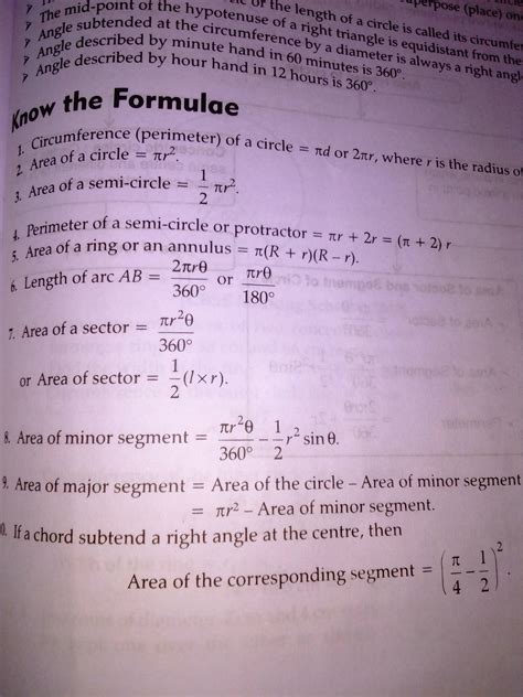 A List Of Formulas Of Chapter Circles Of Class 10