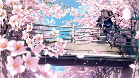 Desktop Wallpaper Cherry Blossom Anime Couple Kiss 4k