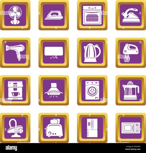House Appliance Icons Set Vector Purple Square Isolated On White