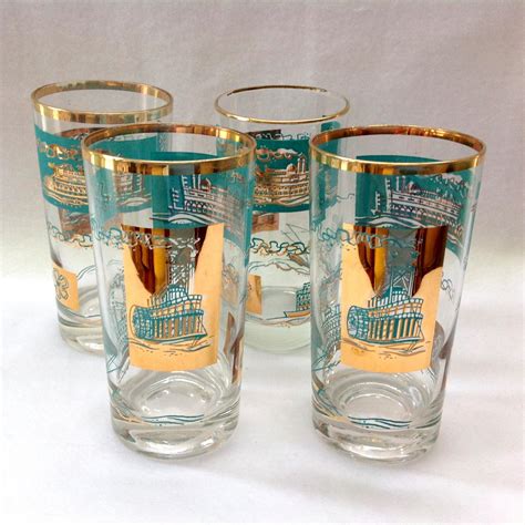 Libbey Southern Comfort Set Of Four 22k Gold And Aqua Riverboat