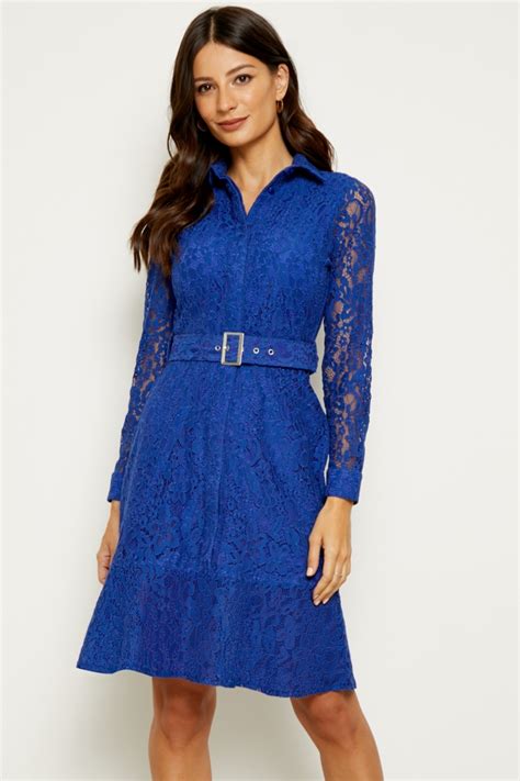 Cobalt Blue Belted Lace Shirt Dress
