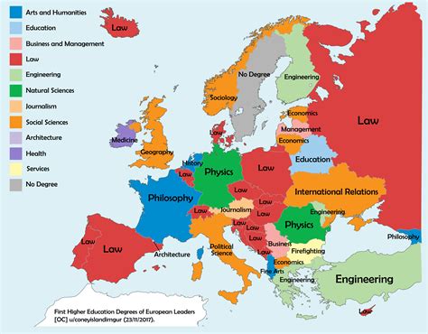 Map of first higher education degrees of European country leaders. : europe