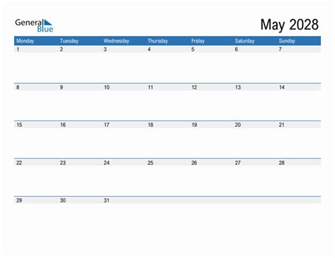 May 2028 Monthly Calendar Templates With Monday Start