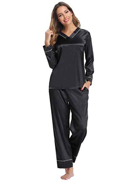 Hawiton Womens Silk Satin Pajamas Set V Neck Long Sleeve Sleepwear Loungewear With Pockets