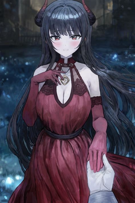 sonchi demon girls long hair red eyes cleavage anime anime girls artwork horns black