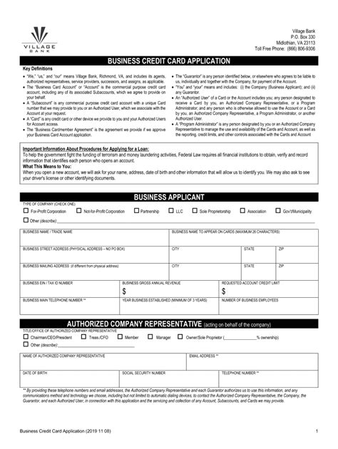 • get a consumer credit report about you from a credit reporting body to assess any application you make, including for commercial. Village Bank Business Credit Card Application 2019 - Fill ...