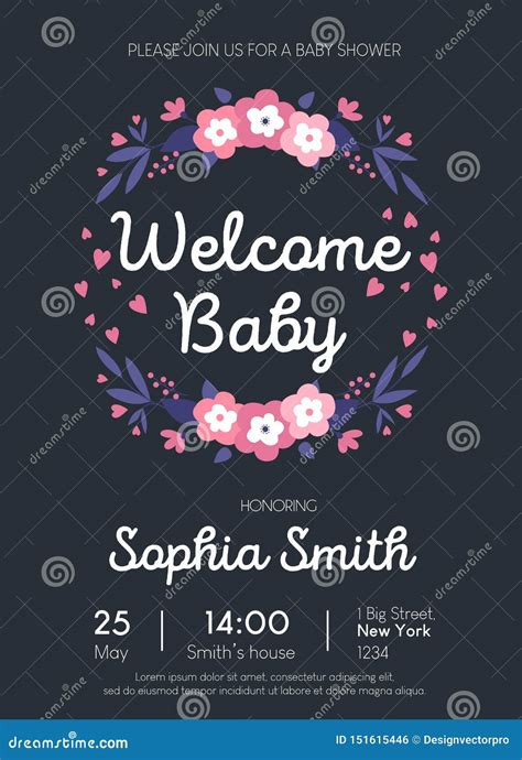 Welcome Baby Cute Card Invitation With Floral Elements Baby Shower