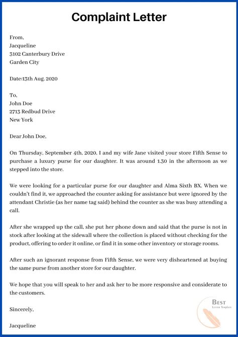 Formal Letter Of Complaint Template
