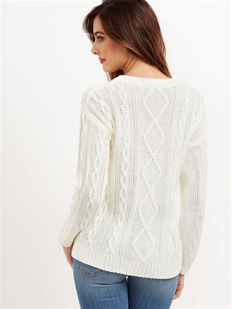 White Cable Knit Drop Shoulder Sweater Sheinsheinside