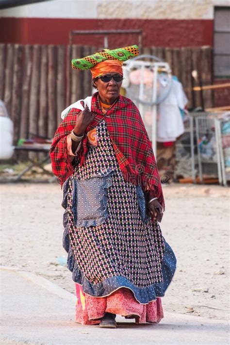 Herero people commemorate their battle with their german colonial rulers with a ceremonial dress. Opuwo, Namibia - Jul 07, 2019: Herero Woman In Traditional ...