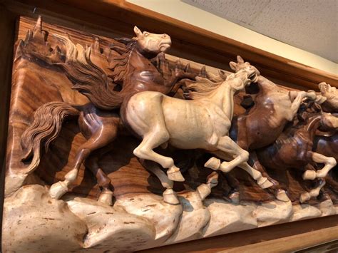 Solid Acacia Wood Running Horses Wall Relief Sculpture Statue