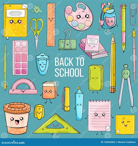 Set Of School Supplies In Kawai Style On Blue Background Stock