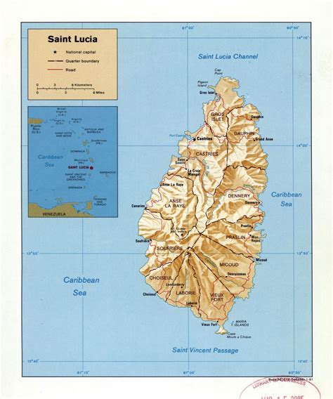 Large Physical Map Of Saint Lucia With Roads Cities A