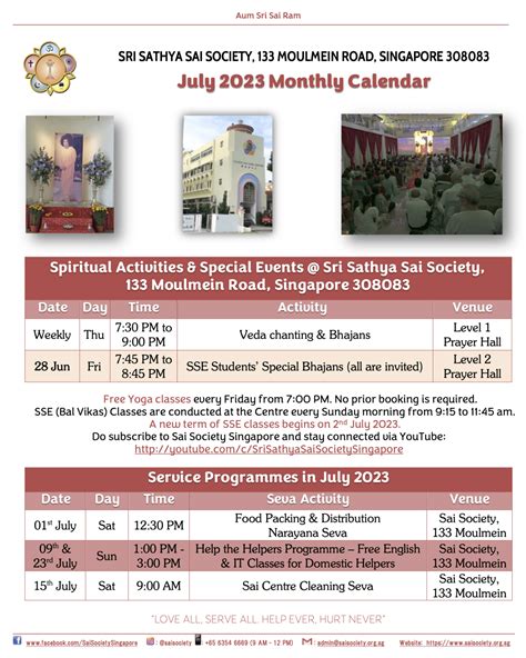 July 2023 Sai Calendar Sri Sathya Sai Society Singapore