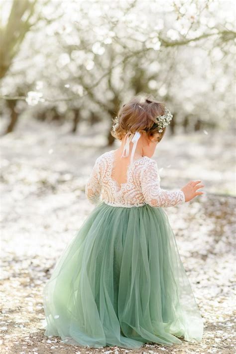 Full Length Sage Green Tulle Lace Top Scalloped Edges Back Party Flower Girl Dress 2972134