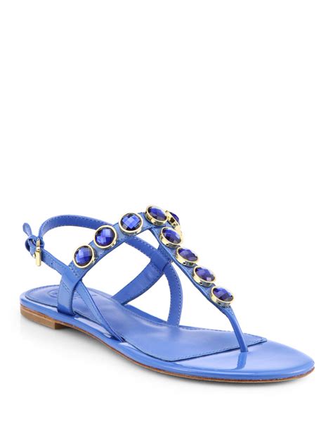 Tory Burch Mariah Jeweled Patent Leather Thong Sandals In Blue Lyst