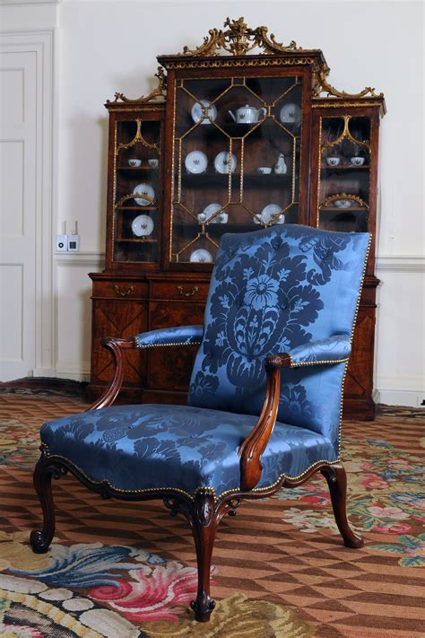 Chippendale Chair Covered In Blue Damask Woven In Pure Silk For The
