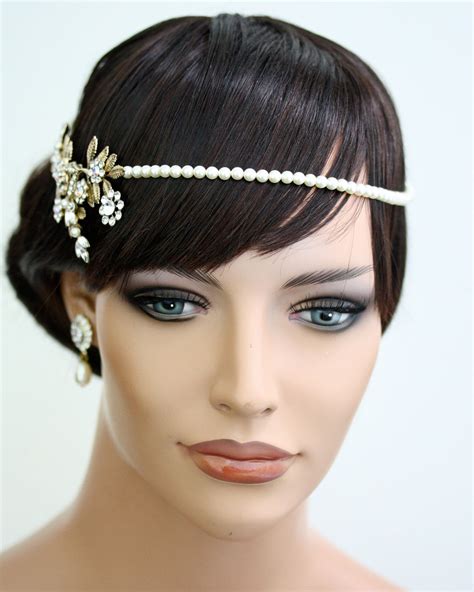 Art Deco Bridal Headpiece Gold Bridal Halo Leaves Pearl Headband Forehead Band Ivy Head