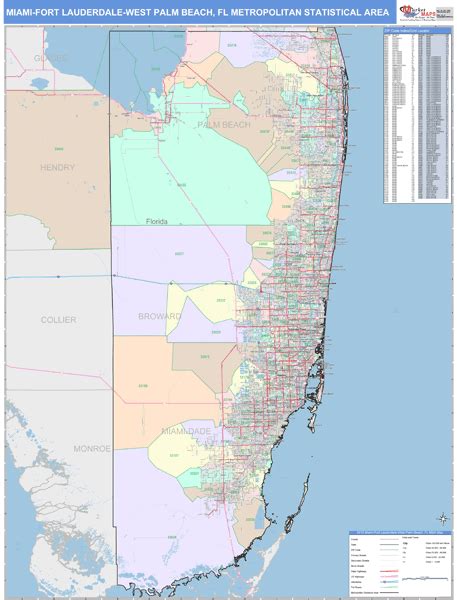 Miami Fort Lauderdale West Palm Beach Fl Metro Area Wall Map Color
