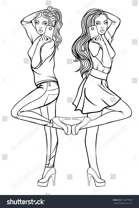 Coloring Page Two Girls Do Selfie Stock Vector Royalty Free 712277890
