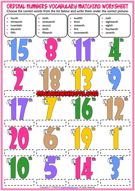 Ordinal Numbers Esl Printable Matching Exercise Worksheet For Kids