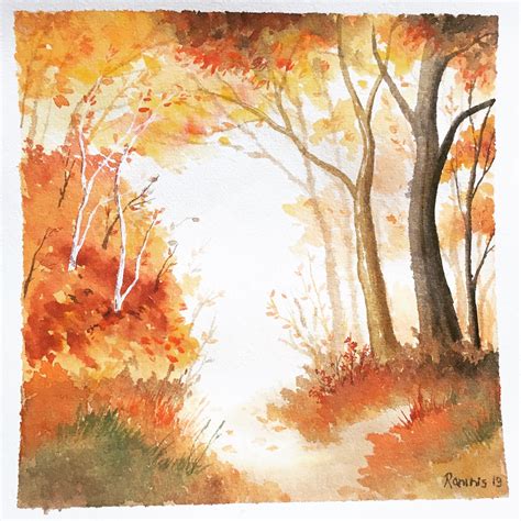Original Watercolor Painting Autumn Forest Autumnal Scenery Fall