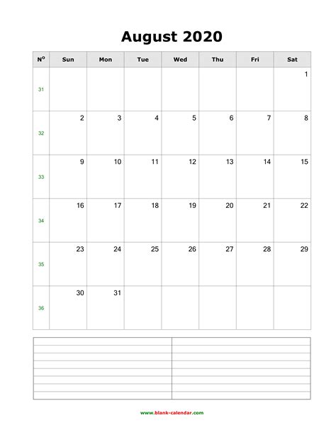Download August 2020 Blank Calendar With Space For Notes Vertical