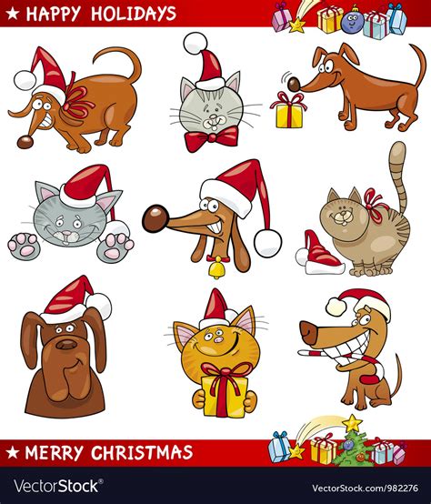 The pictures of cartoon dog depict two different variations of the creature. Cartoon Set of Christmas Cats and Dogs Royalty Free Vector