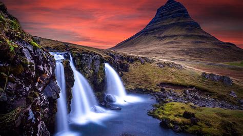 サンセット滝アイスランド 風景写真のhd壁紙プレビュー