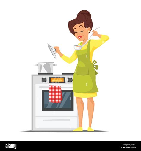 Vector Cartoon Style Illustration Of Happy Housewife Trying The Dish