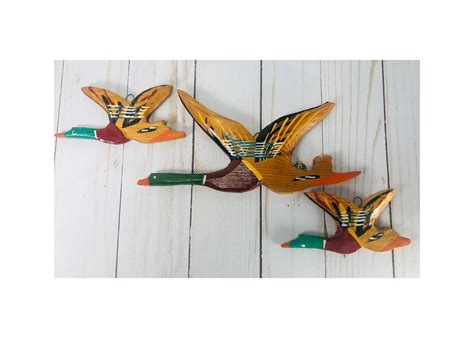 Vtg Flying Duck Wall Decor Hand Carvedpainted Mid Century Flying