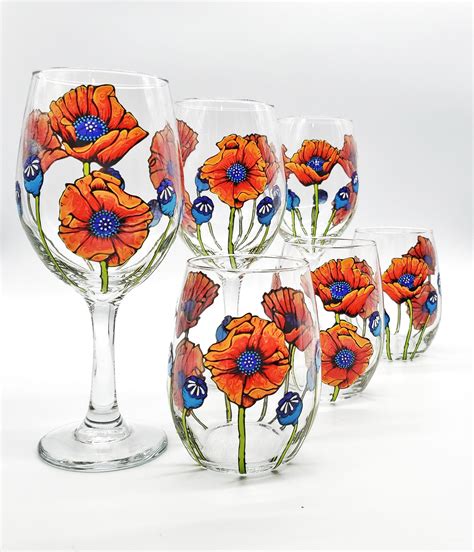 California Poppy Flower Hand Painted Wine Glass In Stemmed Or Etsy Hand Painted Wine Glass