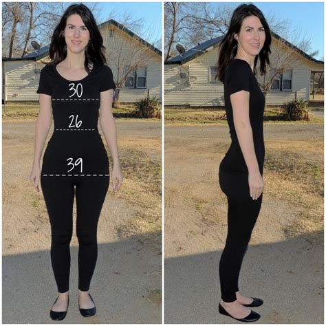 A Woman Is Standing In Front Of A House With Her Measurements Printed On The Side