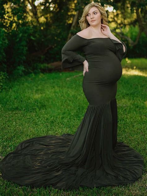 Plus Size Maternity Dress Off The Shoulder Maxi Dress Bell Sleeve