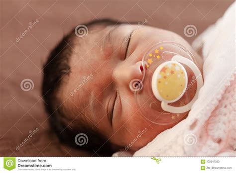 Nettes Zwei Wochen Altes Neugeborenes Baby Mit Einem Friedensstifter