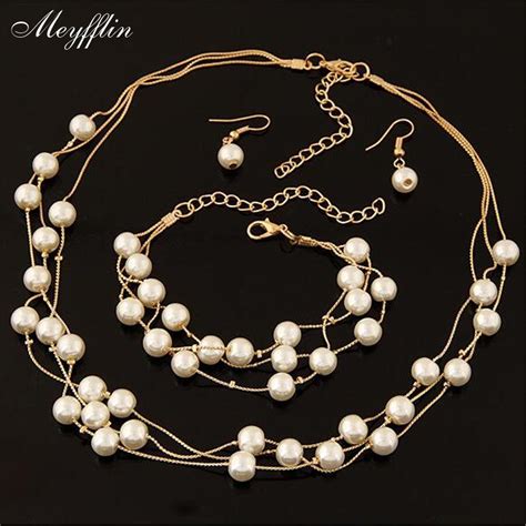 fashion simulated pearl jewelry sets for women statement necklace earrings and bracelet set