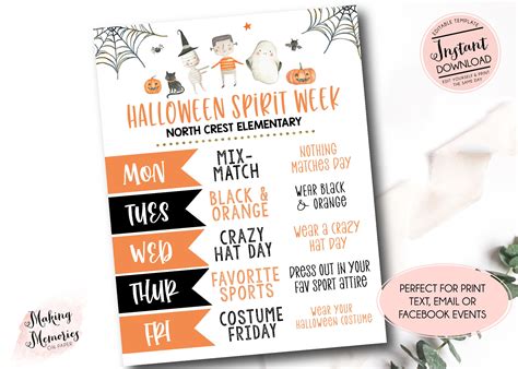 Halloween Spirit Week Template Spirit Week Schedule Fall Etsy