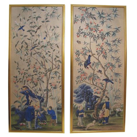 Large Antique Hand Painted Chinese Wallpaper Panels For